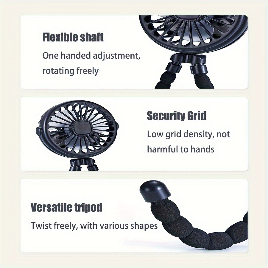 Portable 3-Speed USB Rechargeable Fan with Flexible Tripod for Stroller Desk Bike Camping