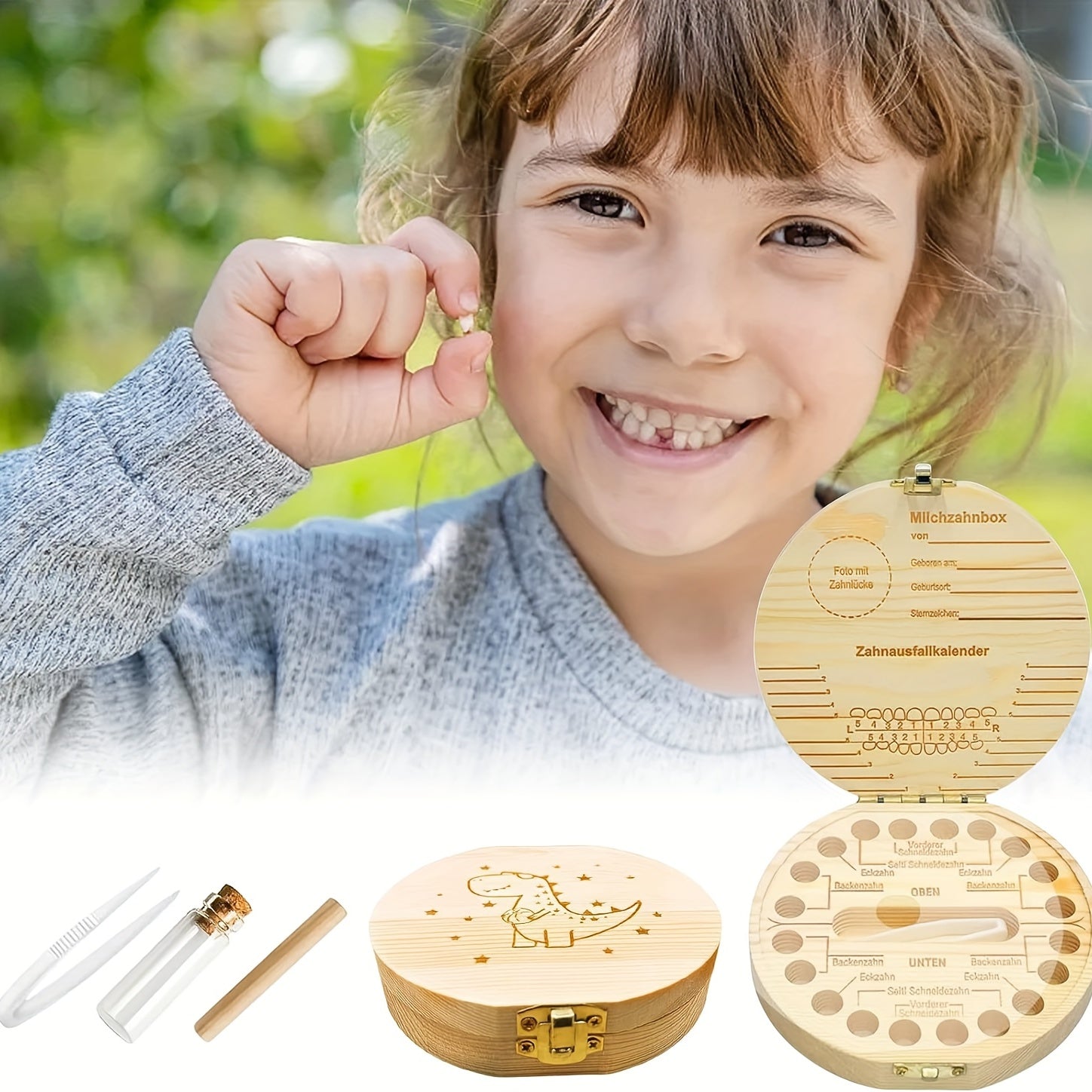 Wooden Dinosaur Keepsake Box with Tweezers for Baby Birthdays and Showers