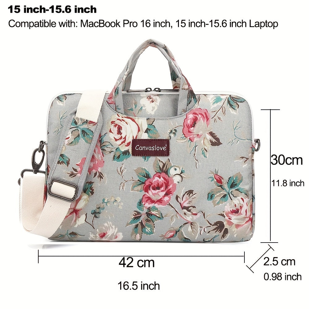 Water-Resistant Canvas Laptop Bag with Rose Pattern and Adjustable Shoulder Strap