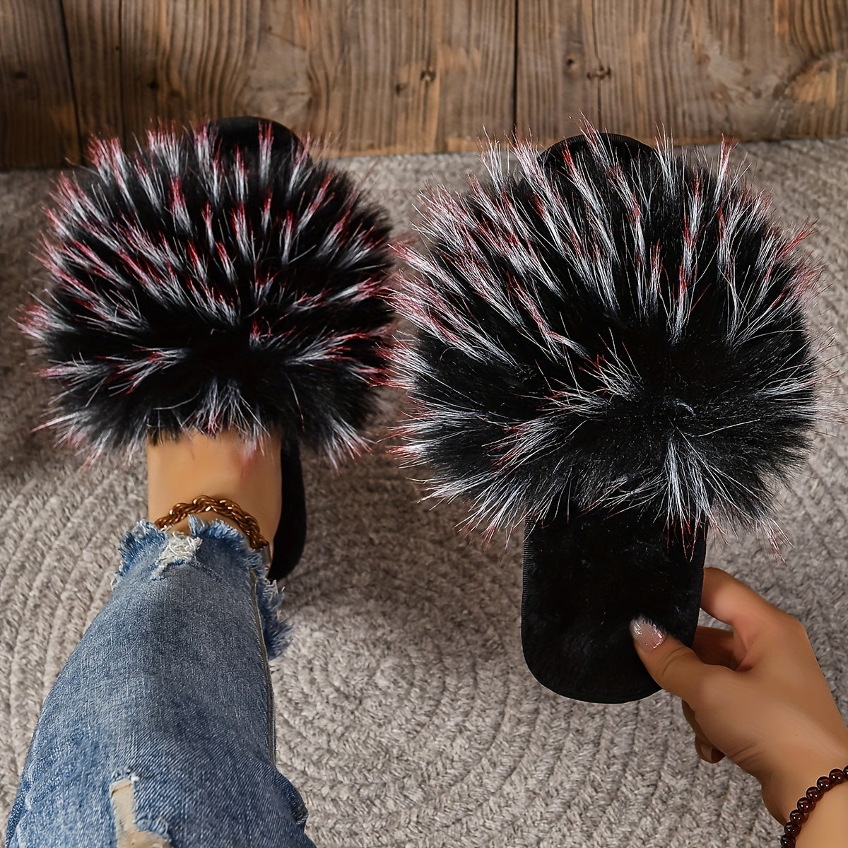 Women's Faux Fur Slippers Open Toe Indoor Comfortable Slip Ons