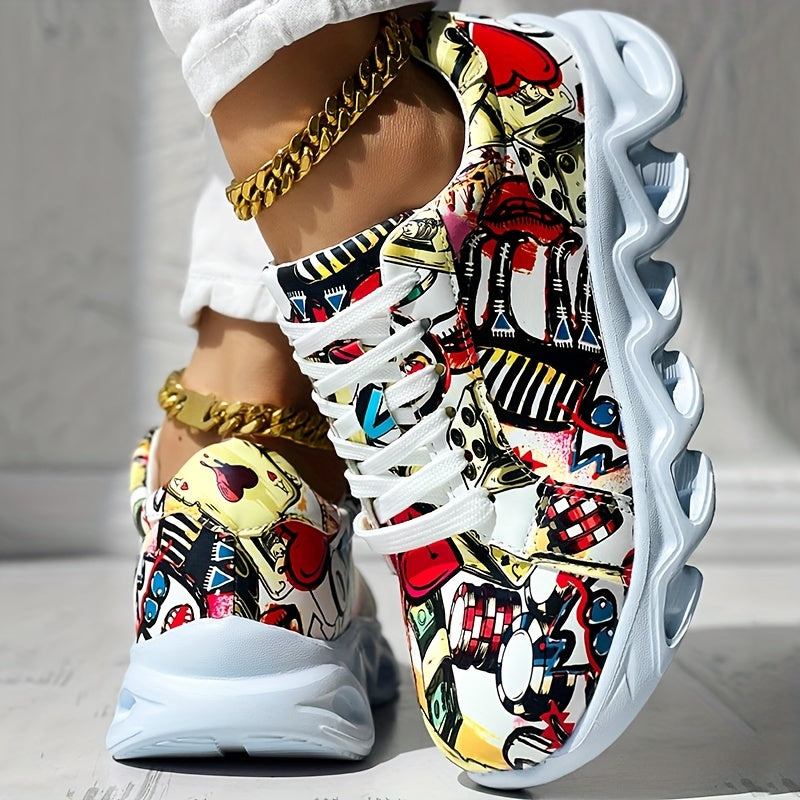 Women's Canvas Sneakers Casual Low Top Outdoor Shoes with Graffiti Pattern