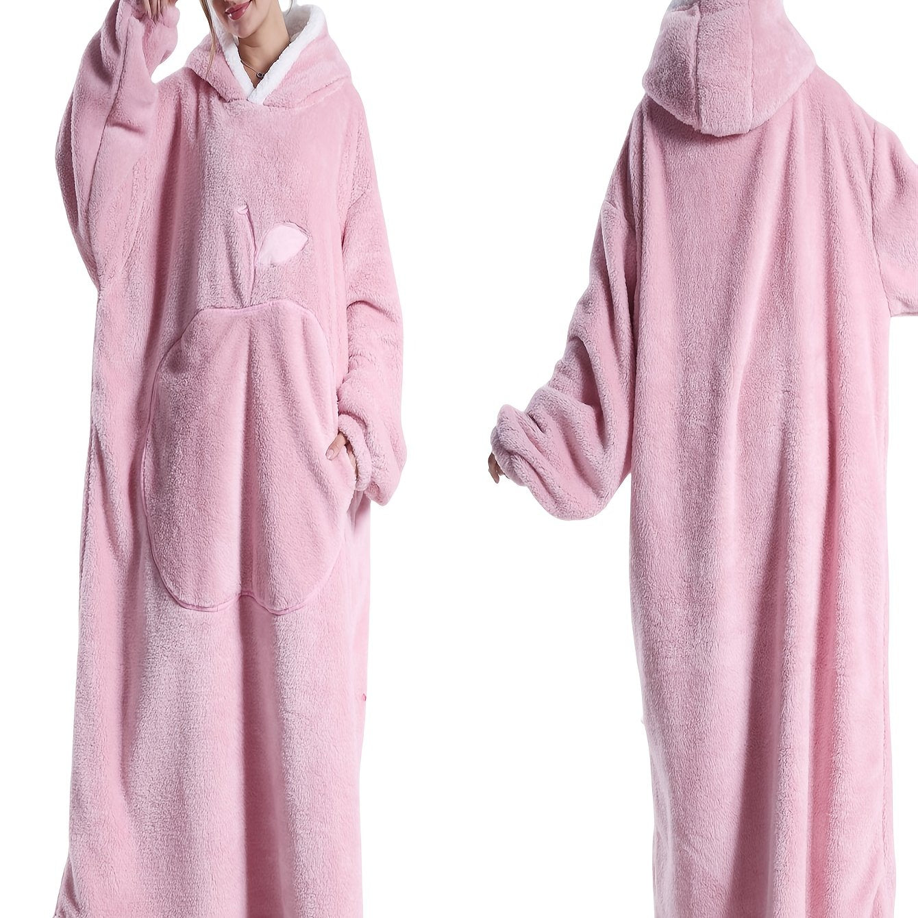 Women's Fleece Hooded Robe Pink Lounge Casual Winter Indoor Outdoor
