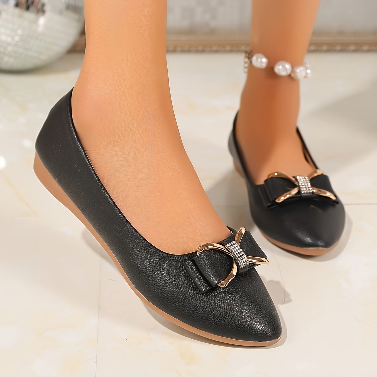 Women's Rhinestone Bow Flats Slip-On Round Toe Lightweight Casual Shoes