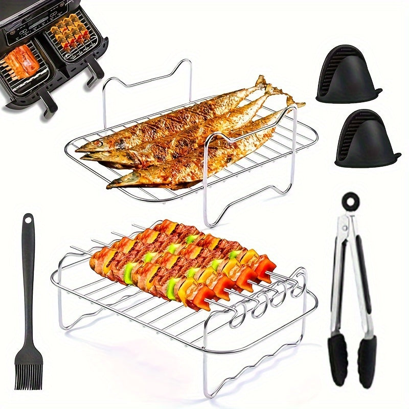 Stainless Steel Double-Layer Air Fryer Rack Set with Silicone Accessories for 6 Pieces