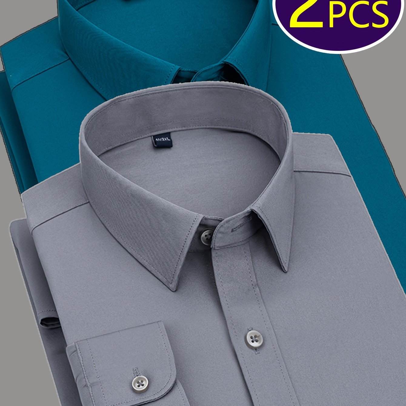 Men's Work Style Polyester Dress Shirts Set of Two Solid Color Regular Fit Long Sleeve Lapel Collar