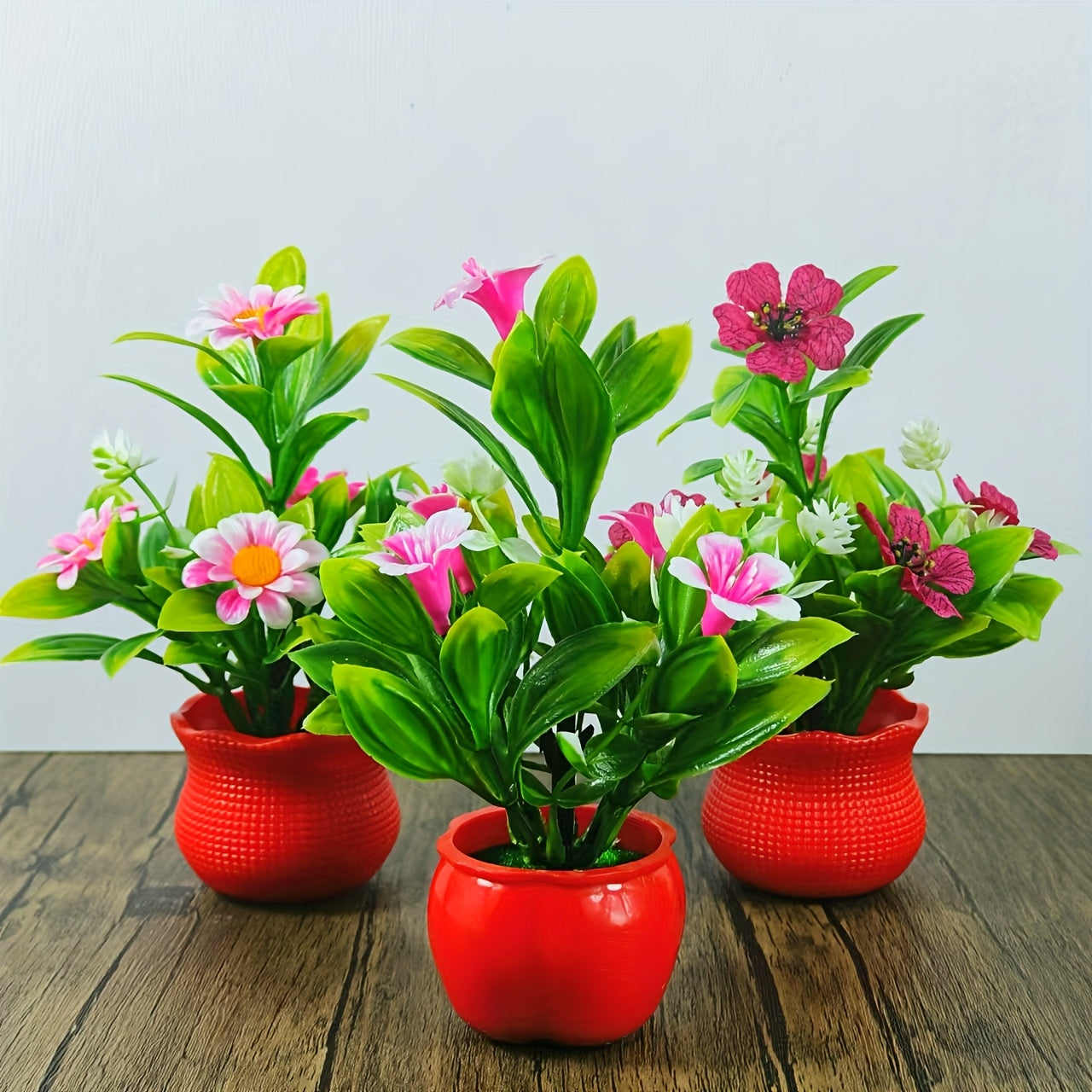 Mini Artificial Plants in Red Pots Set of 3 for Home Office Decor