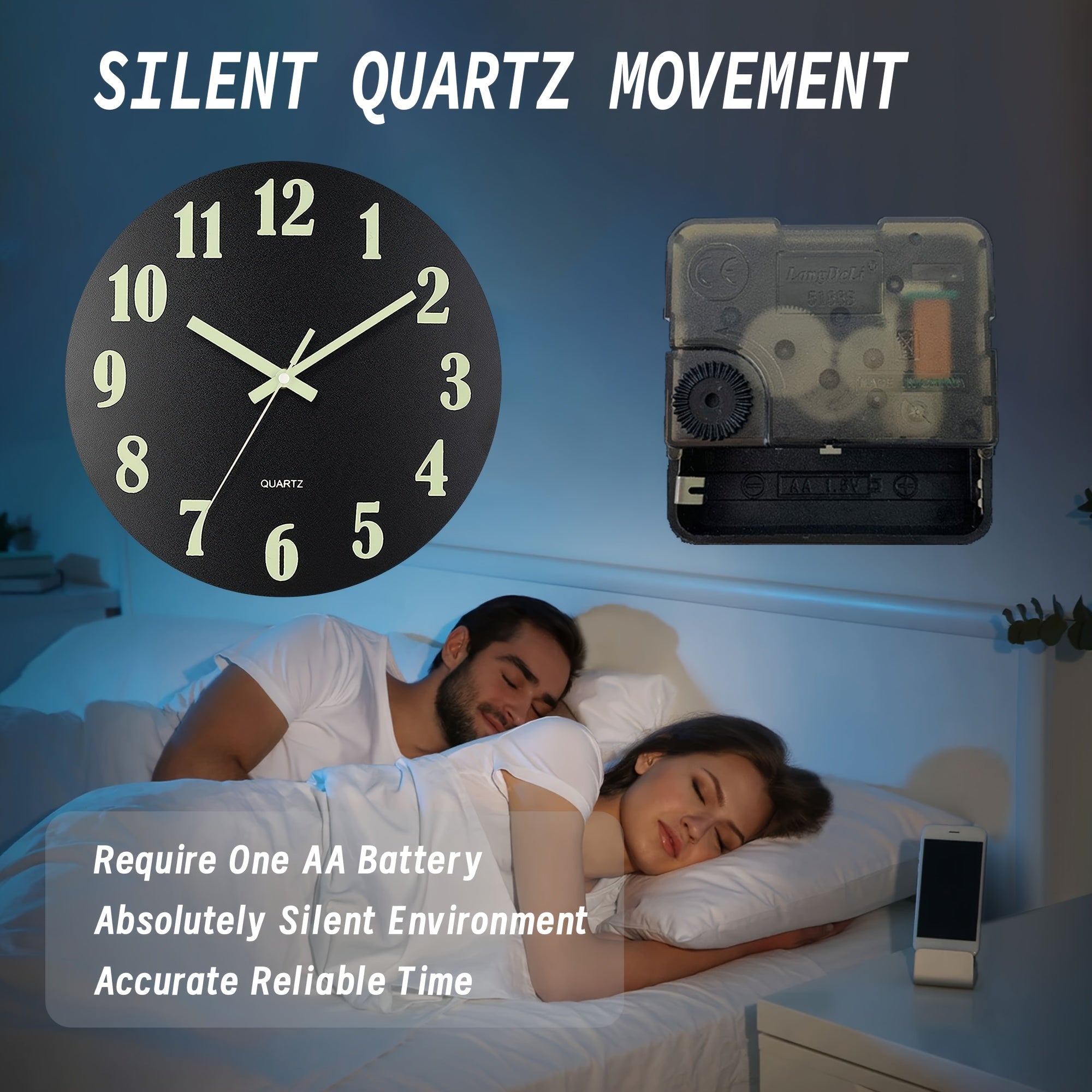 Black Glow-in-the-Dark Wall Clock with Retro Design and Silent Movement