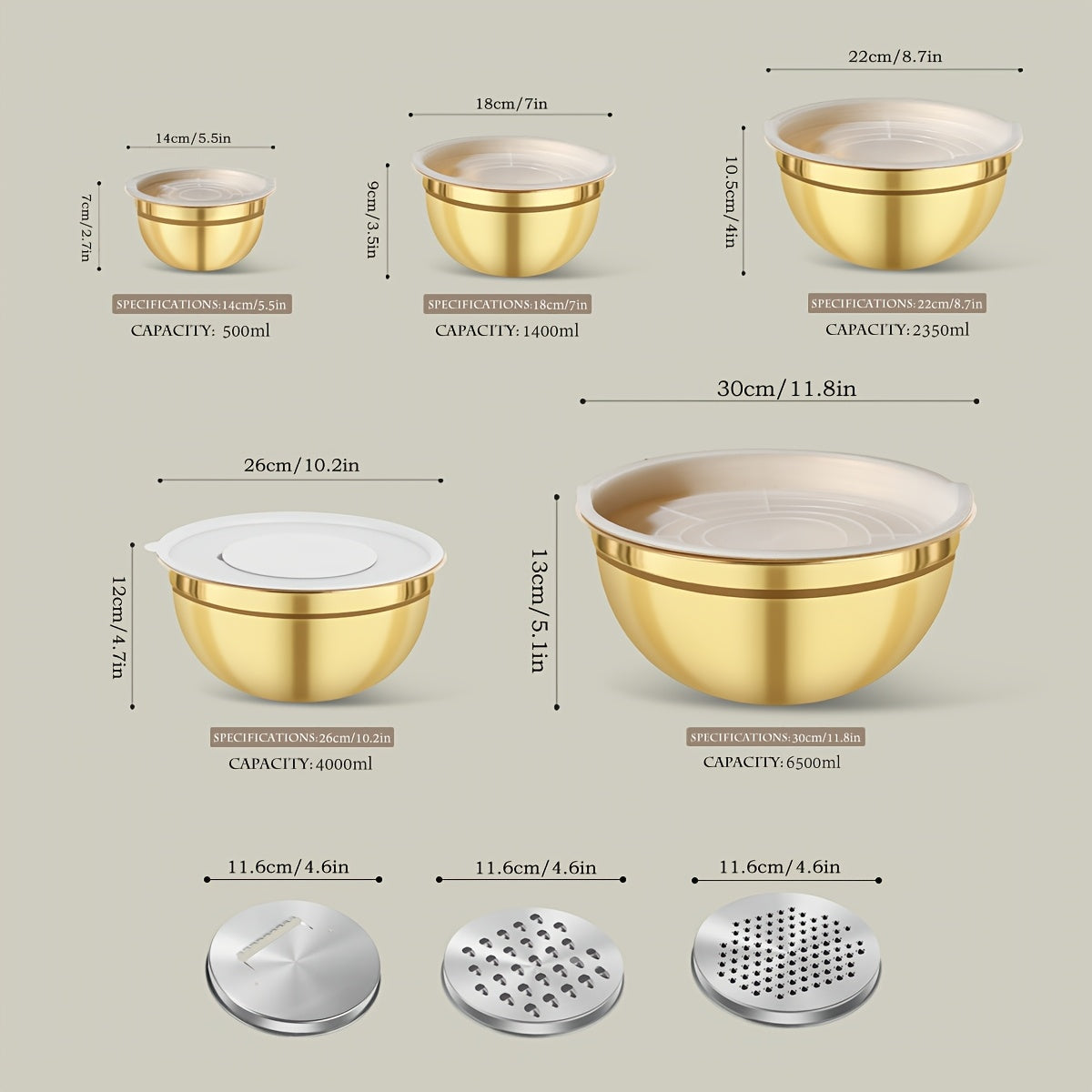 Set of 3 or 10 Stainless Steel Mixing Bowls with Lids and Grater, Rust-Resistant