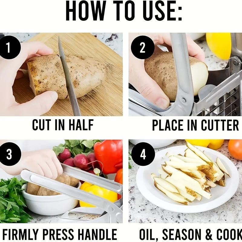 Stainless steel kartoshka kesgich, ikki pichoq bilan fransuz kartoshkasi bo‘laklariga bo‘lish uchun, barqarorlik uchun yopishmaydigan suv o'tkazmaydigan yopishqoq qopqoq bilan. Havo fritözlari bilan mos keladi va sabzavotlar uchun ham ishlatilishi mumkin.