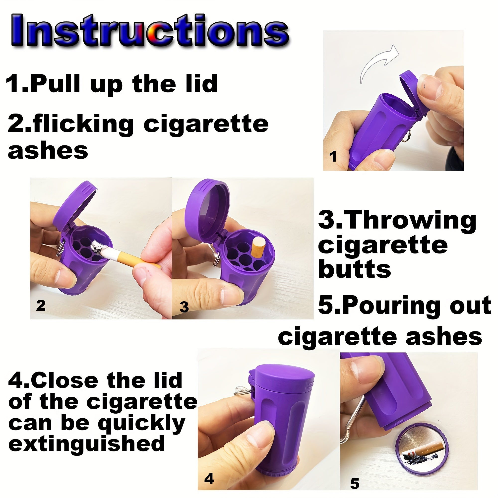 Portable Plastic Ashtray with Lid Keychain Hook Travel Outdoor Car Accessory