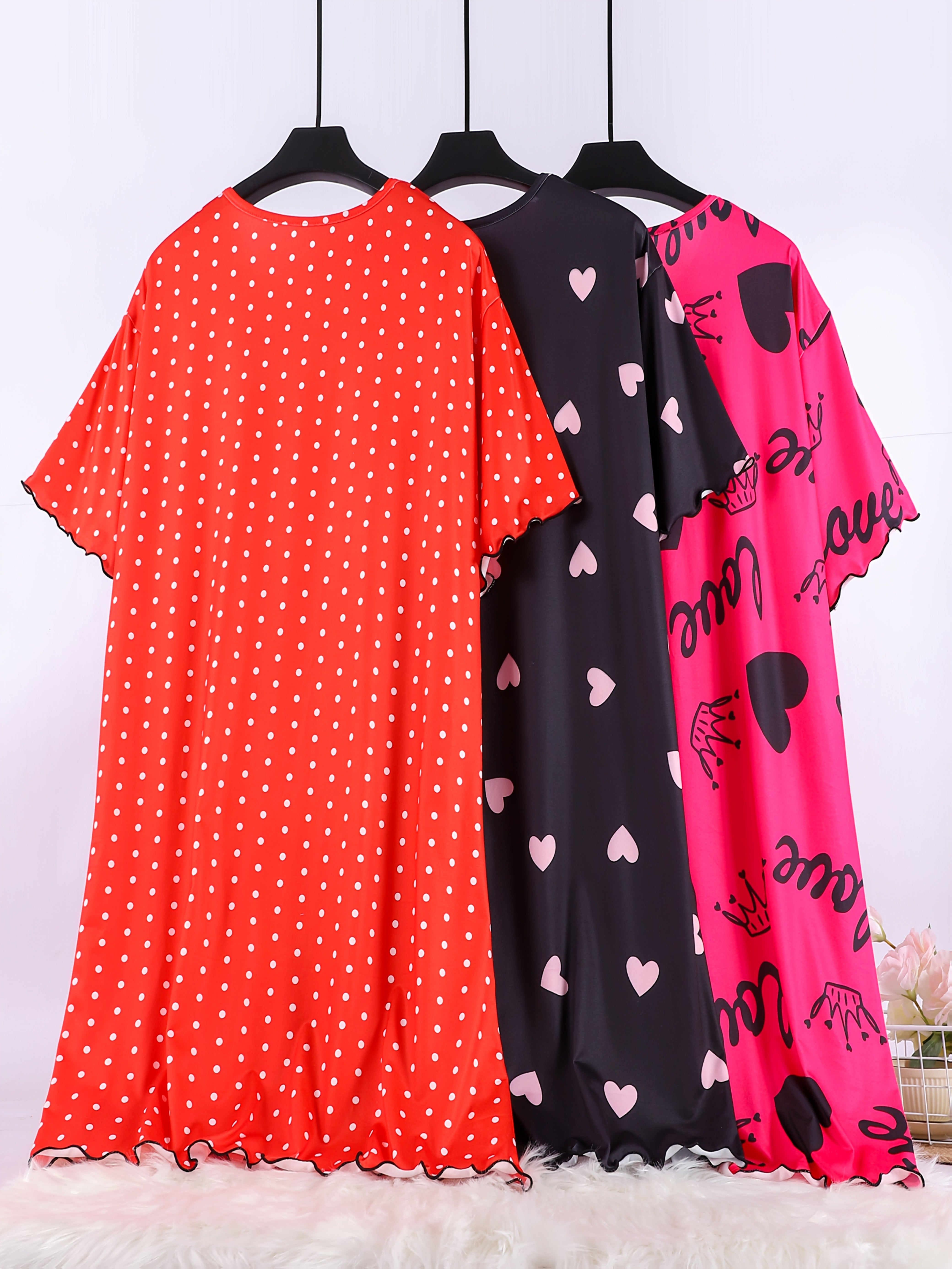 Plus Size Summer Sleepwear Nightgowns Polyester Heart Polka Dot Sleep Dresses