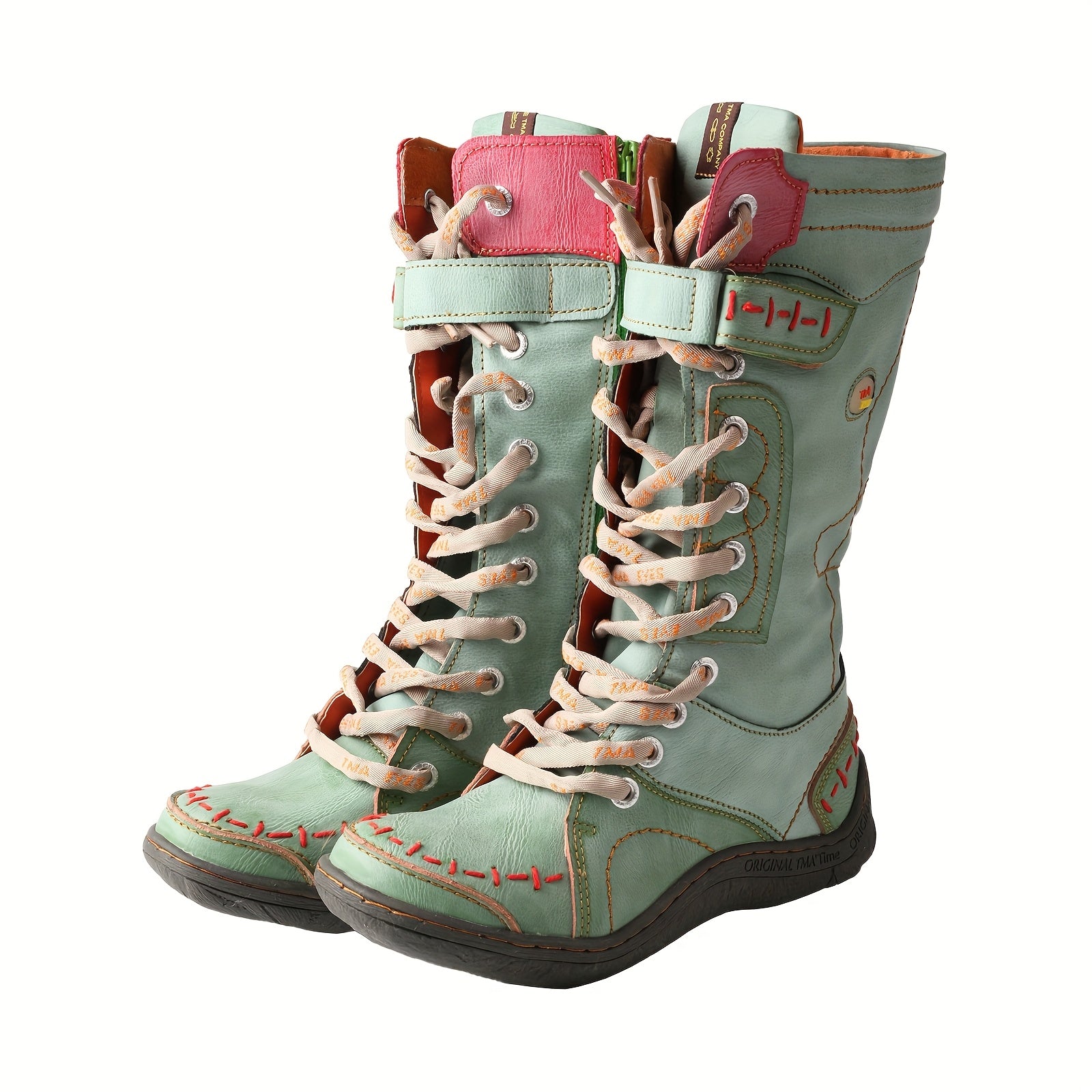 Women's High-Top Leather Lace-Up Hiking Boots with Colorful Accents