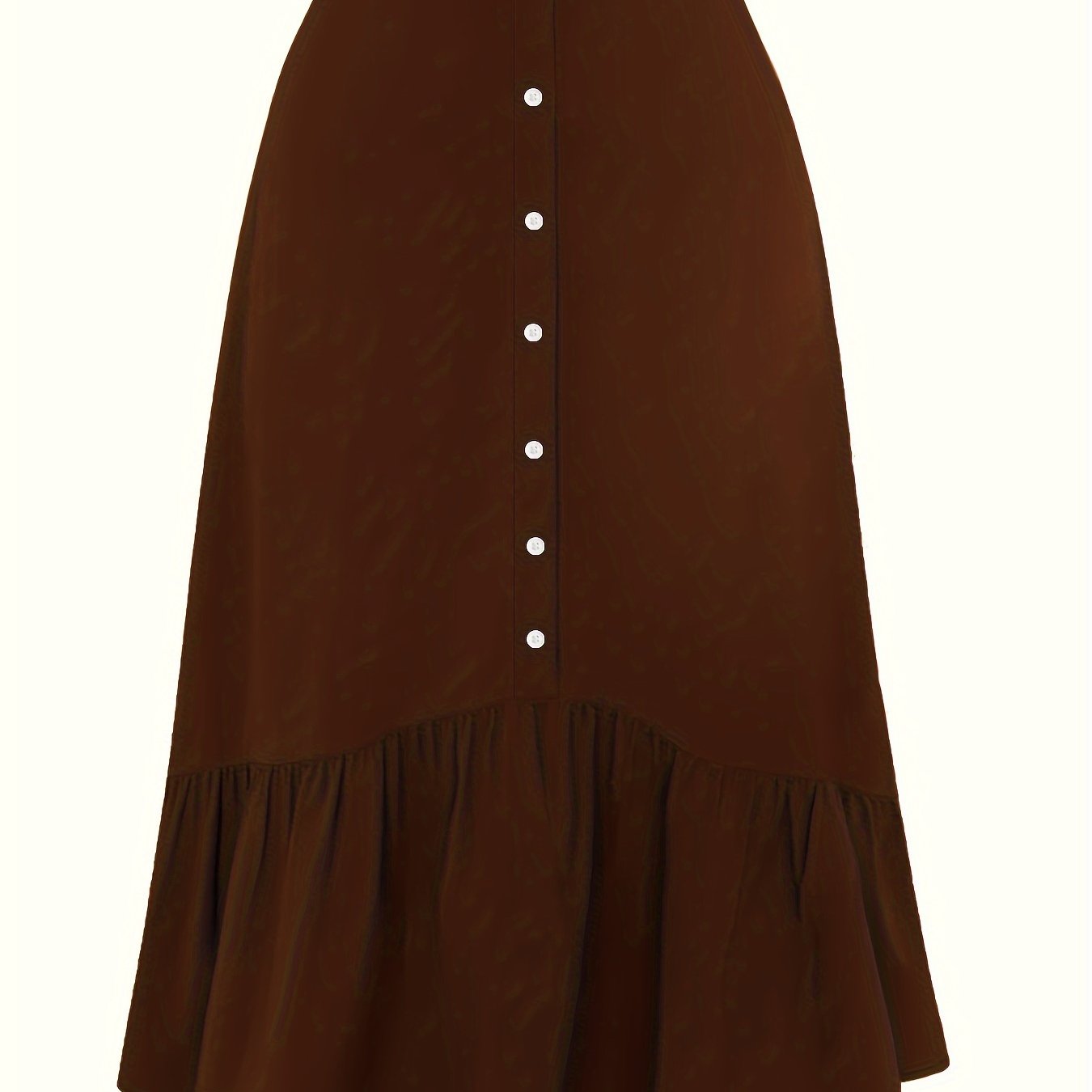 Women's Brown Midi Skirt with Buttons, Ruffled Hem, Elastic Waist