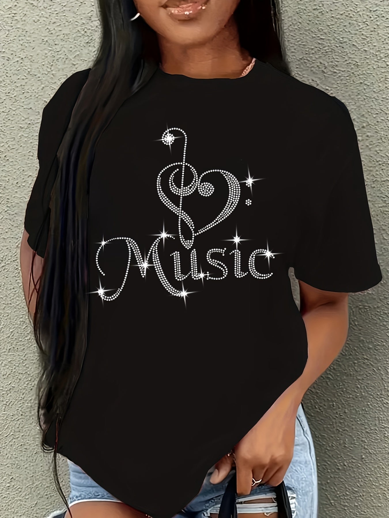 Women's Large Short Sleeve T-Shirt with Diamond Stitching and Rhinestones