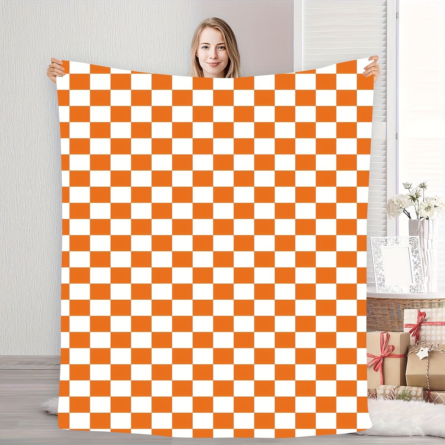 Orange and White Checkered Fleece Throw Blanket with Geometric Pattern for All Seasons