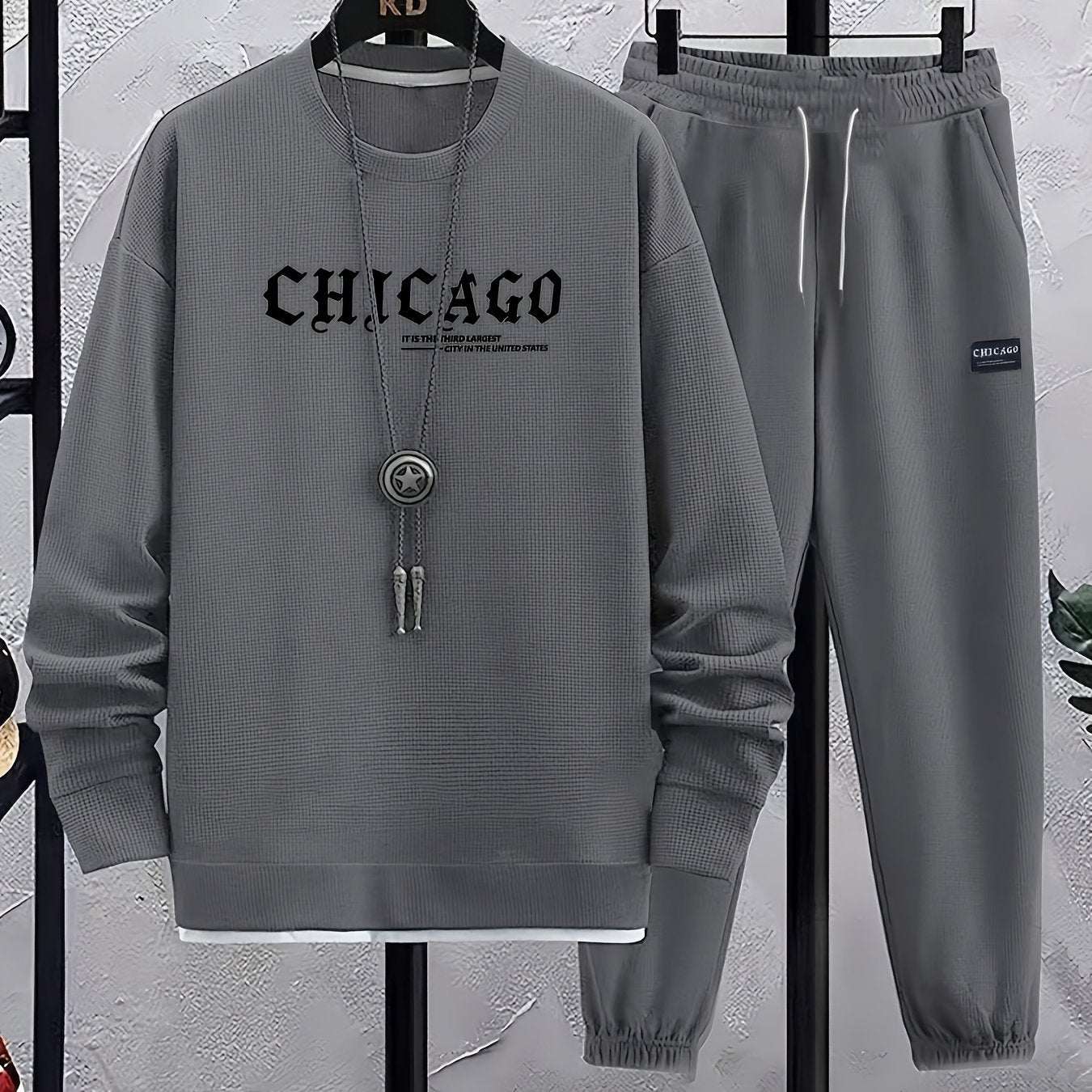 Men's Casual Polyester Sweatsuit Set with Crew Neck Waffle Print Alphabet Pattern Spring Fall Knit Fabric