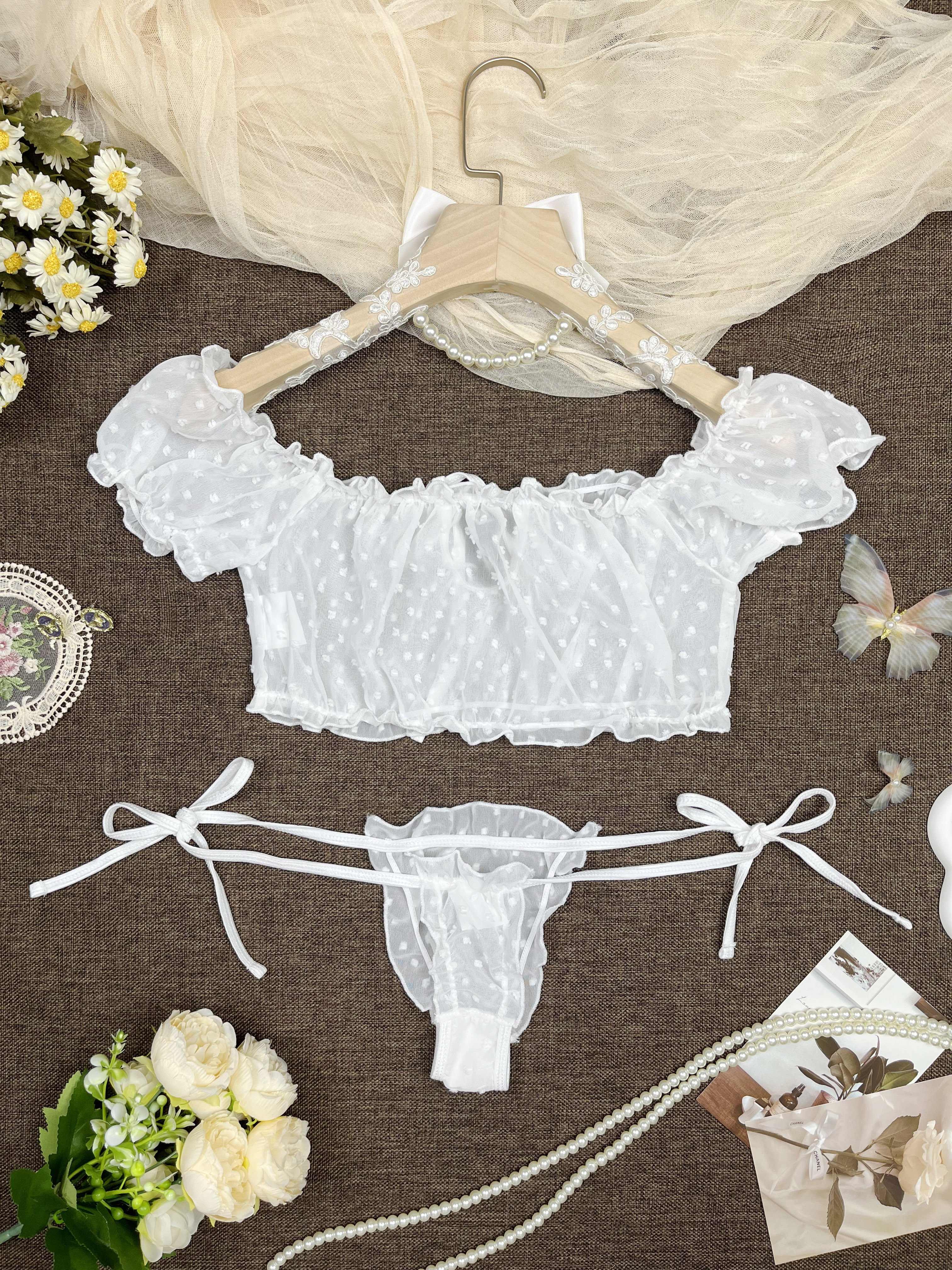 Women's Polka Dot Lingerie Set with Off-Shoulder Tie-Up Top and Thong in Breathable Mesh