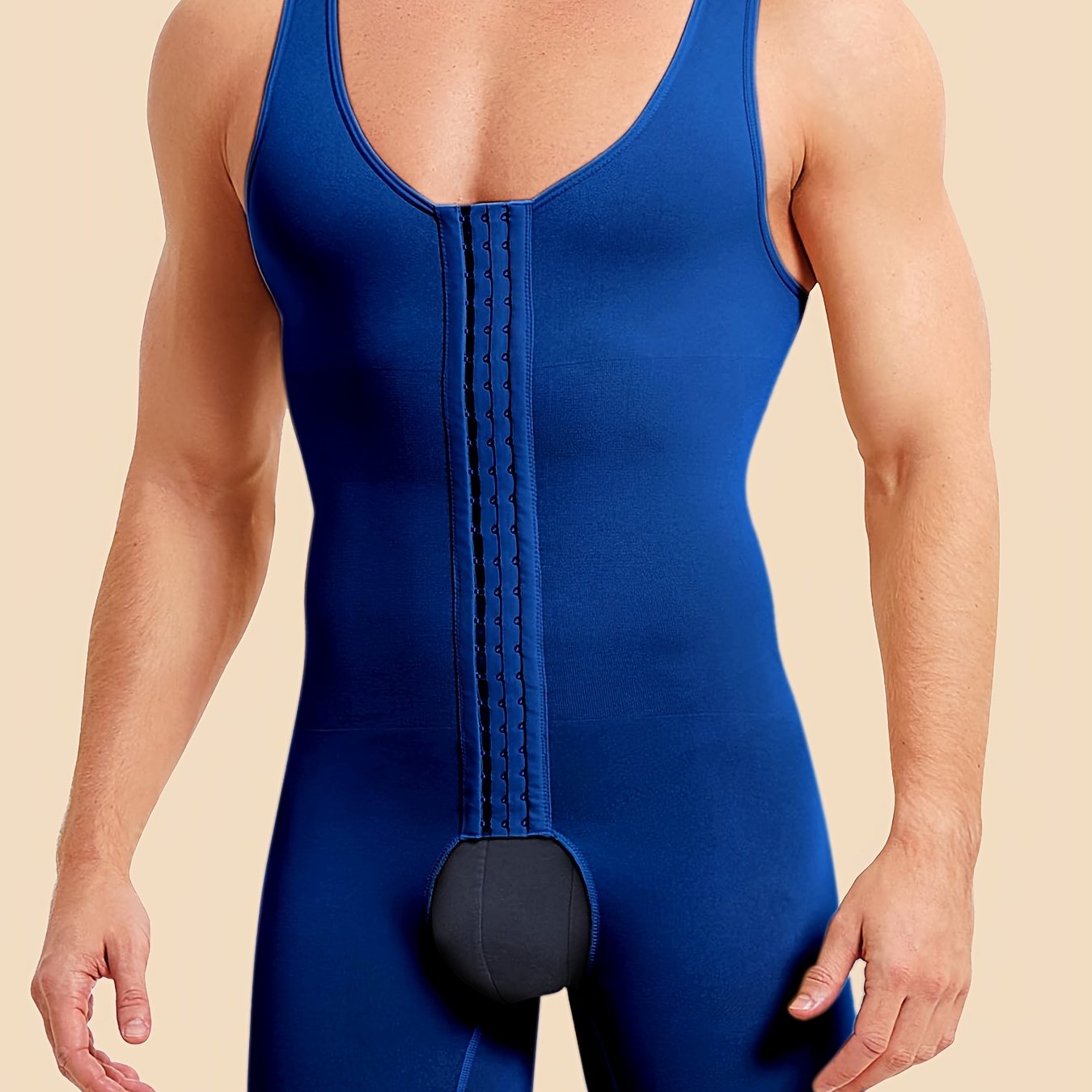 Men's Slimming Athletic Bodysuit with Tummy Control and Shoulder-Baring Design in Royal Blue High-Elastic Nylon Spandex for Fitness Recovery All-Season