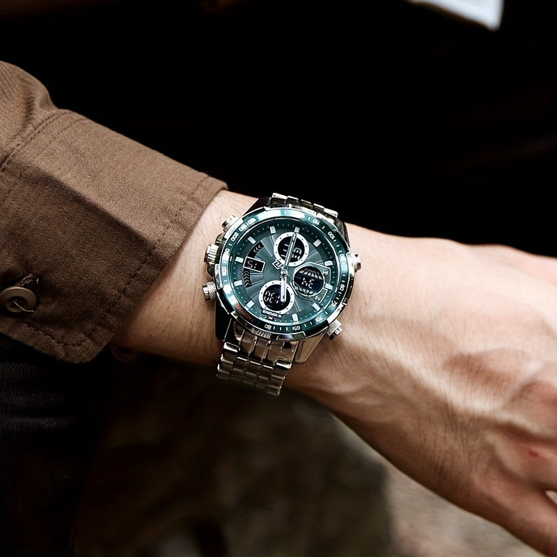 Men's Stainless Steel Sports Watch with Multifunctional Quartz and Luminous Display