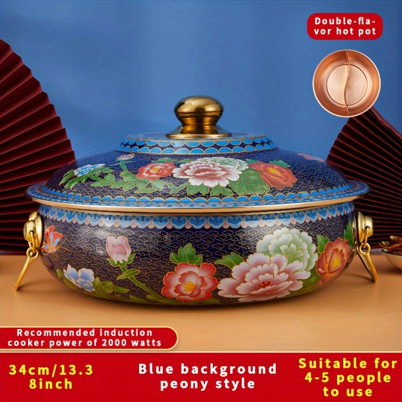 Olla de porcelana esmaltada azul y blanca de 34cm, cocedor de cobre para inducción, seguro para lavavajillas