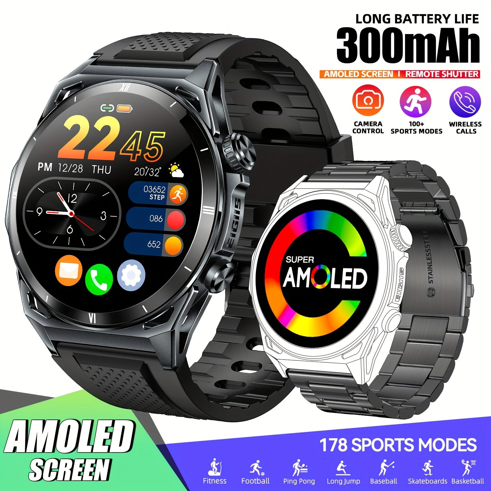 Men's Smartwatch with AMOLED Display 3.63cm Fitness Tracker Call Answering Music Control
