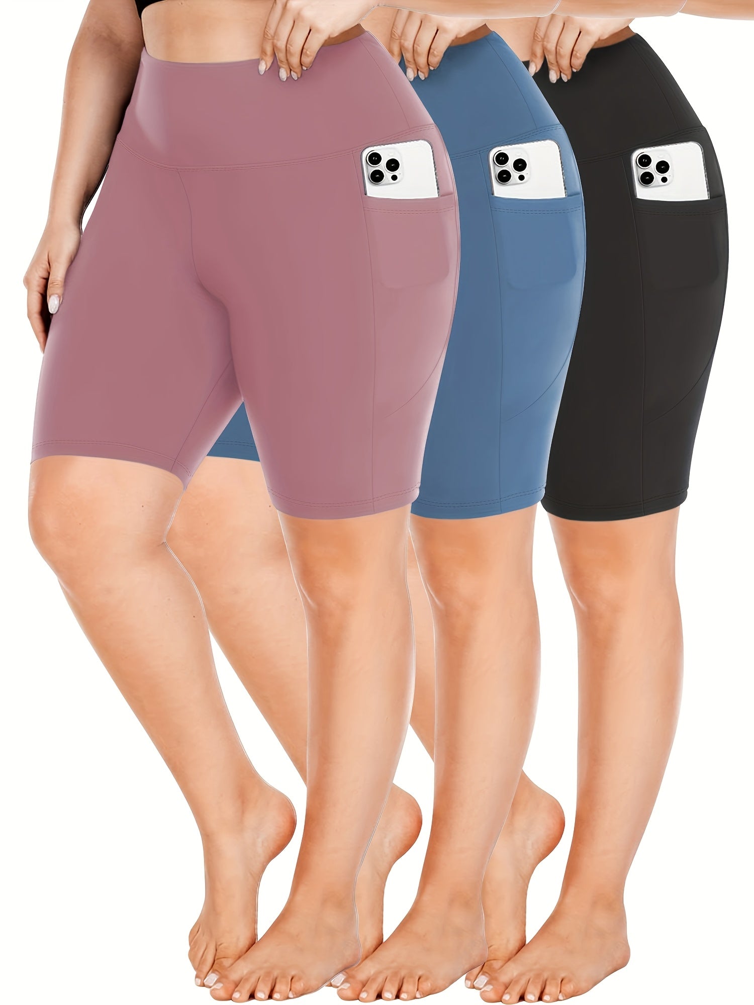 Plus Size High-Waisted Yoga Shorts Set with Pockets and Crescent Design