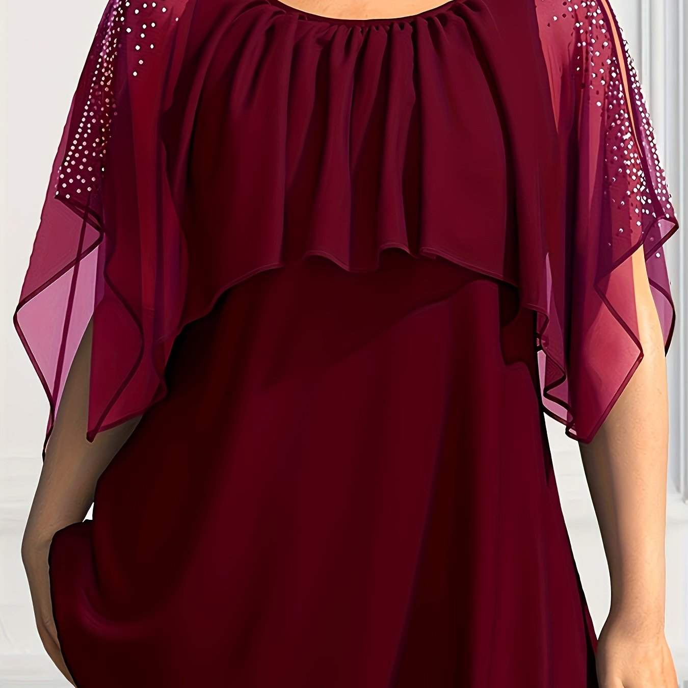 Plus Size Women's Chiffon Blouse with Pearl Embellishments Black Ruffled Sleeves