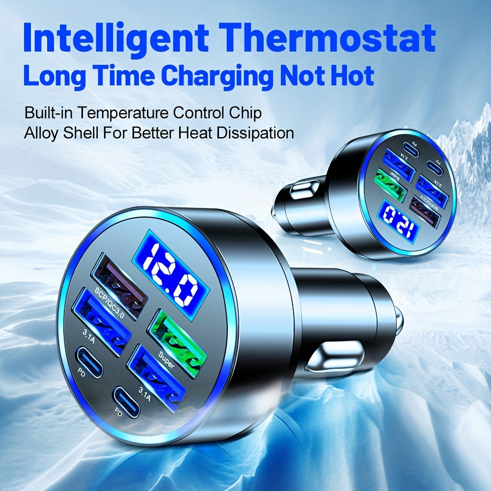 6-in-1 Car Charger with Display Fast USB 3.0/3.1A Dual PD Universal Compatibility