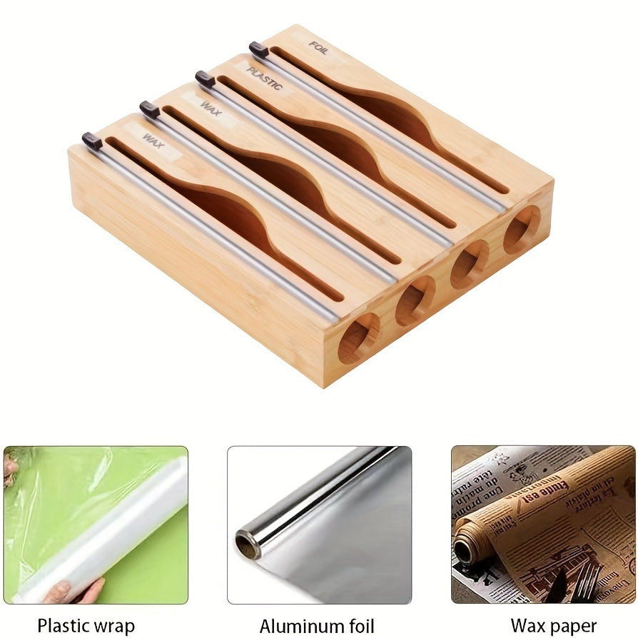 Bamboo Kitchen Wrap Organizer Food-Safe Storage Box with Manual Cutter