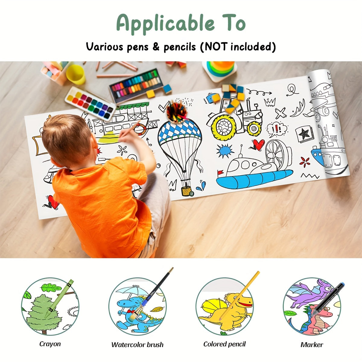 300CM Art Paper Roll for Kids Ages 3+ Watercolor Compatible Creative Doodle and Painting
