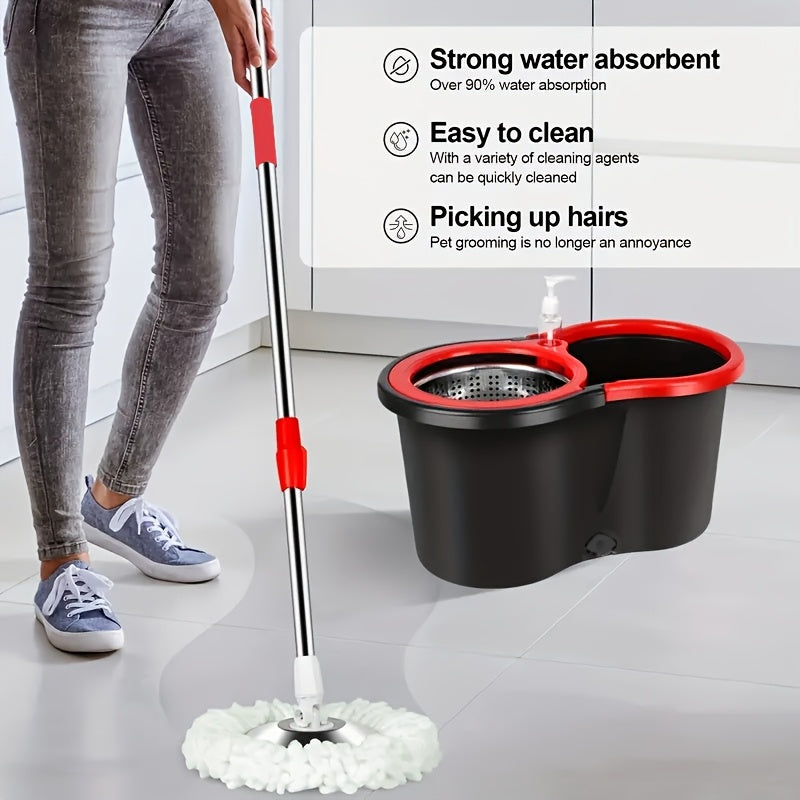 360° Rotating Mop and Bucket Set with Microfiber Replacement Heads and Adjustable Handle