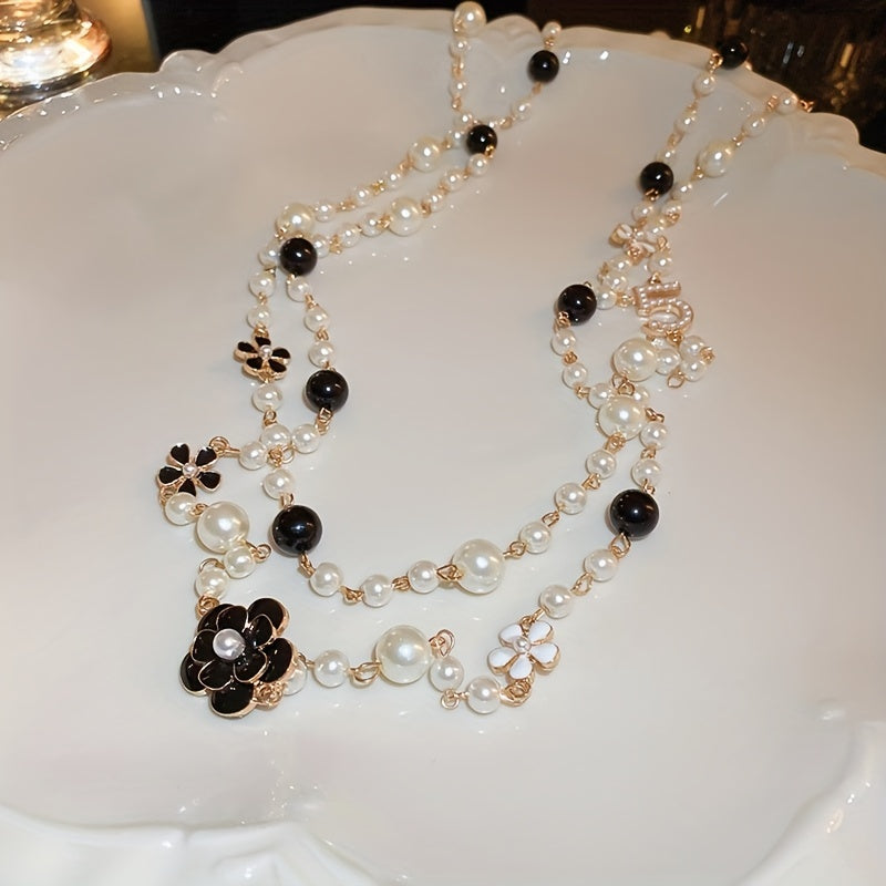 Vintage-Inspired Long Chain Necklace with Faux Pearls and Multilayered Design