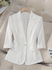 Women's White Blazer Jacket with Notch Lapel, 3/4 Sleeves, Single Button