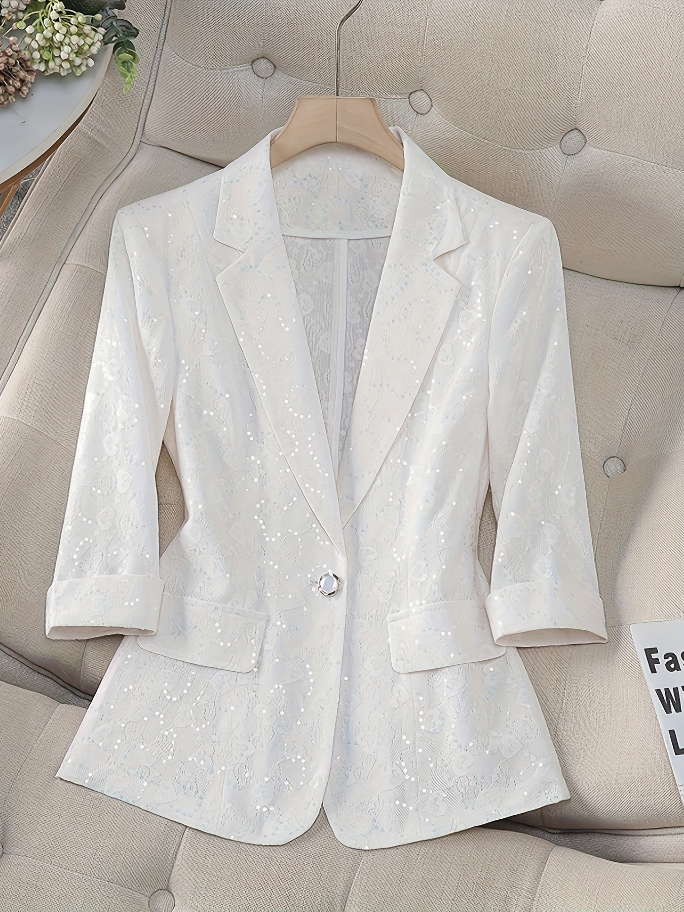 Women's White Blazer Jacket with Notch Lapel, 3/4 Sleeves, Single Button