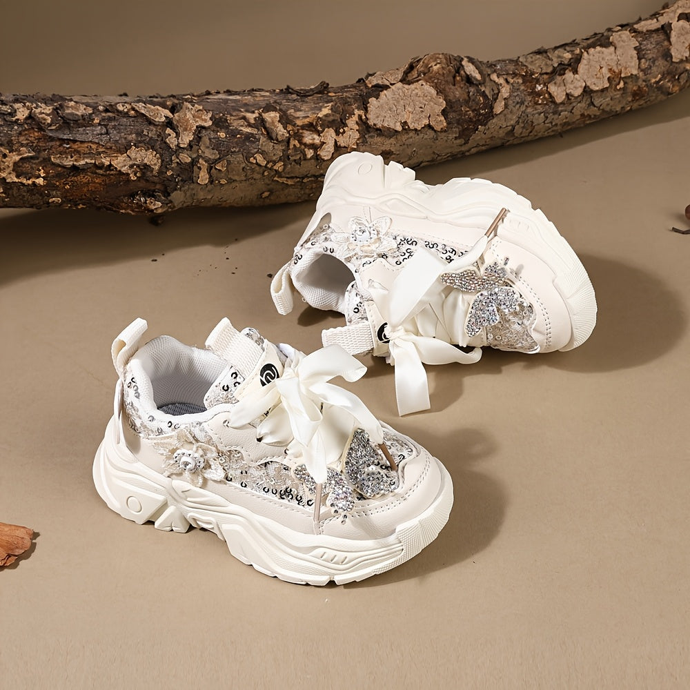 Girls' Casual Sneakers with Rhinestones and Butterfly Bow Lightweight Soft for Spring and Fall