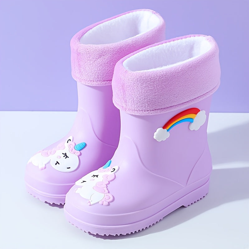 Kids' Rain Boots Unicorn Rainbow Plush Fleece Short PVC Slip-On Outdoor All-Season
