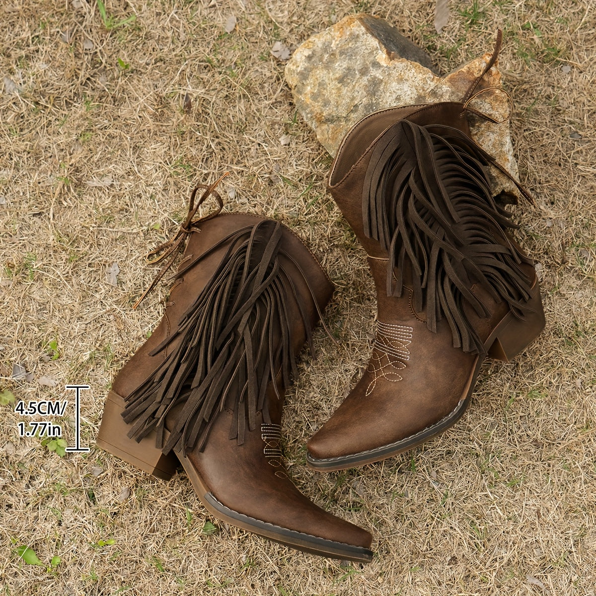 Women's Faux Vintage Embroidered Fringe Western Cowboy Boots Brown Pointed Toe
