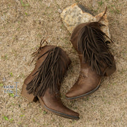 Women's Faux Vintage Embroidered Fringe Western Cowboy Boots Brown Pointed Toe