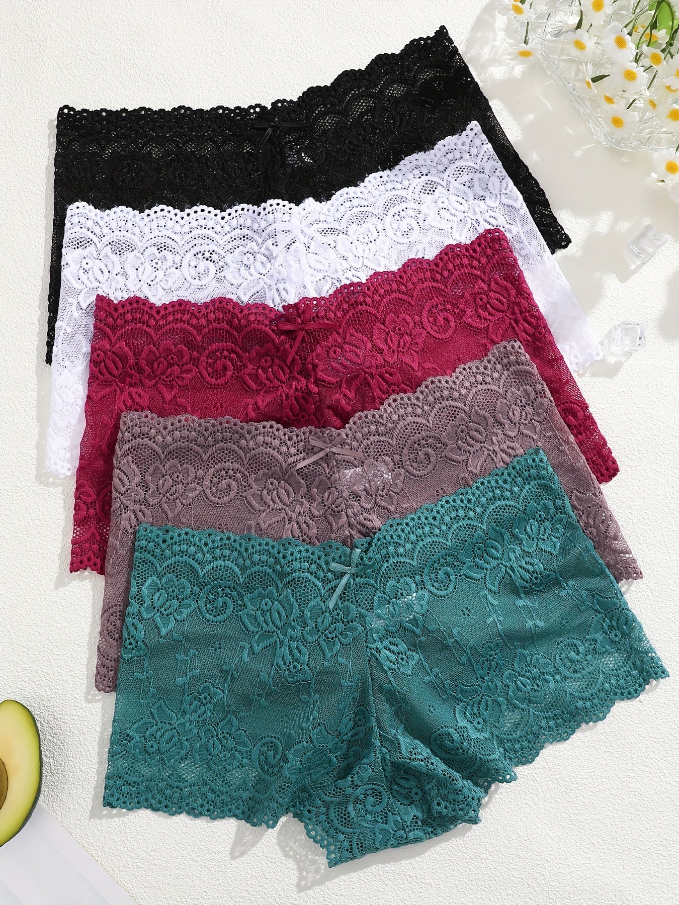 Women's Floral Lace Mid-Rise Panties Solid Color Sexy Knit Shorts Set of 5