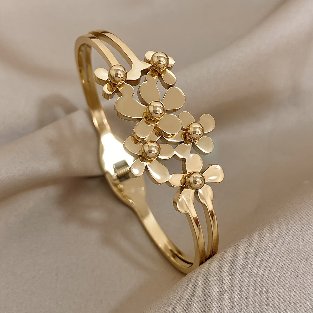 Gold-Plated Stainless Steel Men's Bracelet with Flower Design