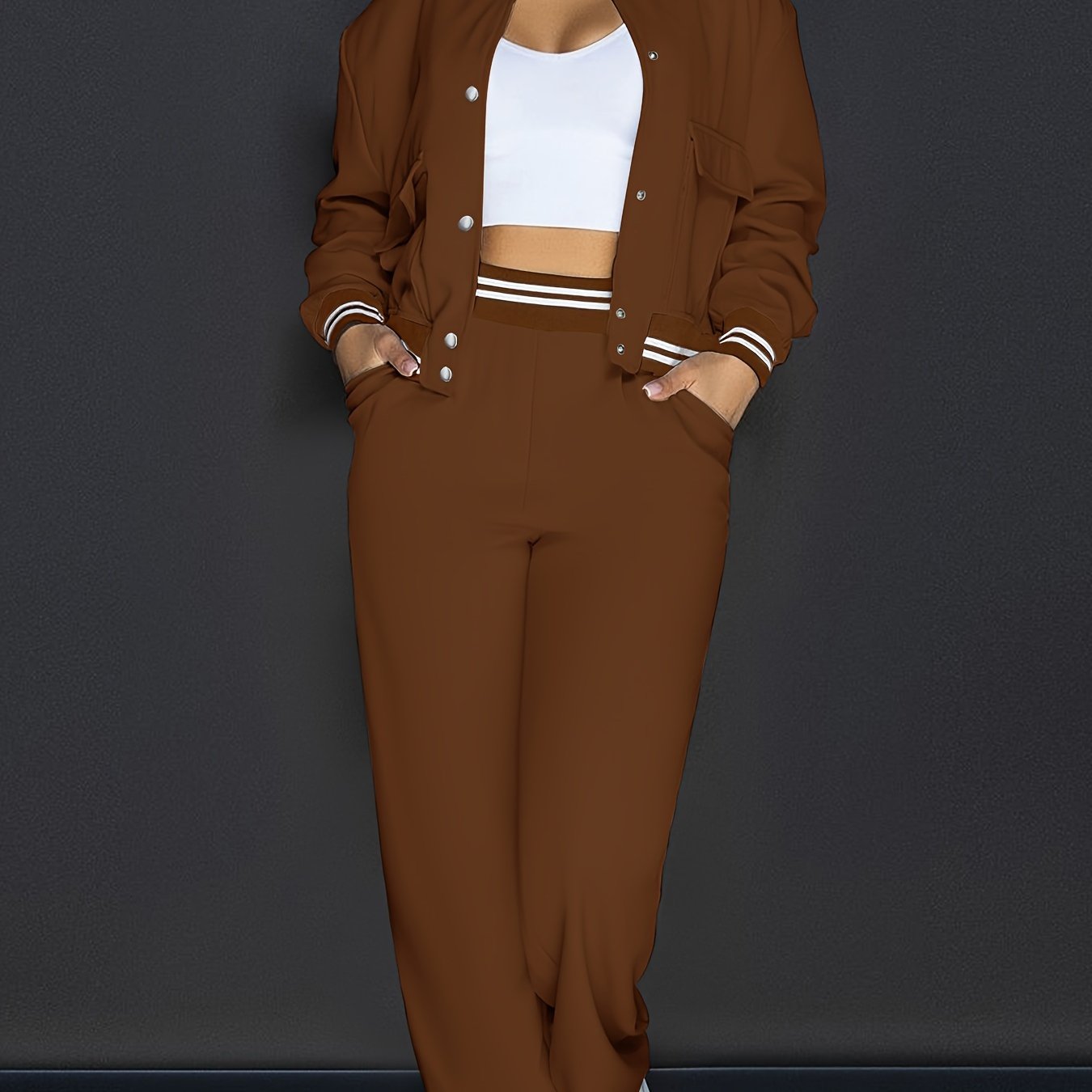 Conjunto de dos piezas para mujer, top corto y chaqueta bomber, pantalones rectos con bolsillos, poliéster elastano, vacaciones, primavera y otoño