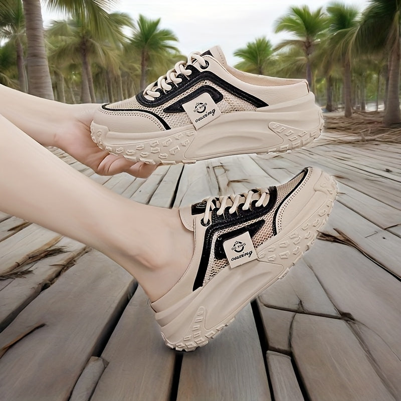 Women’s Summer Casual Sneakers with Cushioned Sole Breathable Mesh Black Khaki White