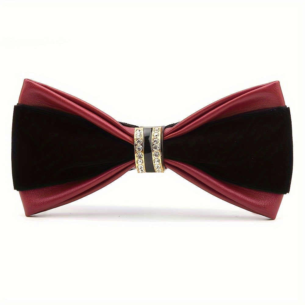 Leather Bow Tie with Rhinestones for Weddings and Formal Events in Black Velvet or Gold