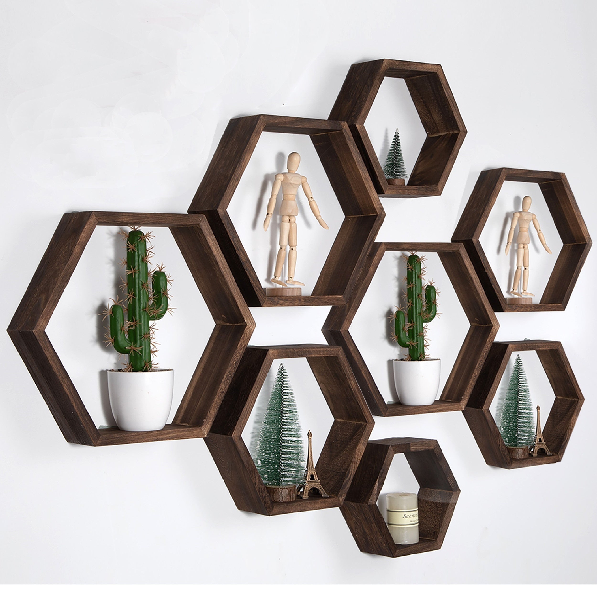 Estantes de pared hexagonales con acabado en madera flotante para baño, dormitorio, sala de estar y almacenamiento