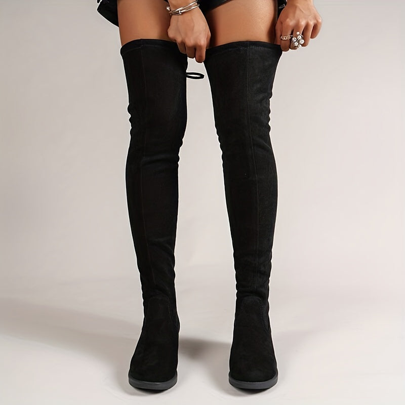 Women's Long Chunky Low Heel Pull-On Boots with Drawstring and Round Toe