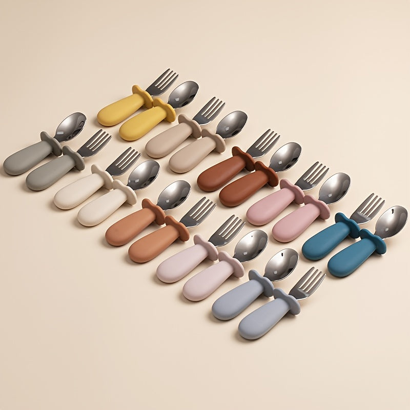 Juego de 2 cucharas y tenedores para bebés de acero inoxidable y silicona en colores sólidos para alimentación infantil