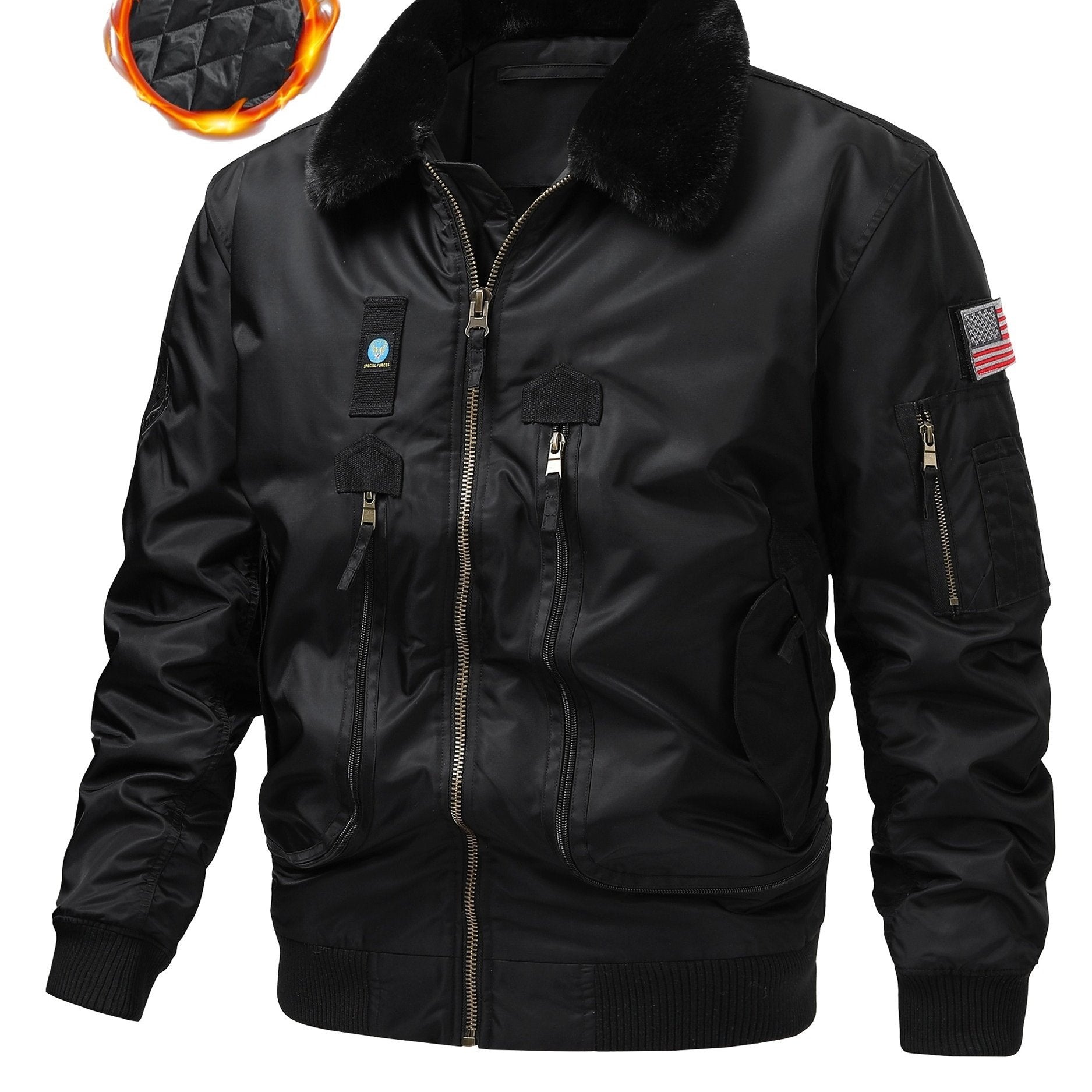 Men's Plus Size Military Flight Jacket with Faux Fur Collar Nylon Zipper Pockets