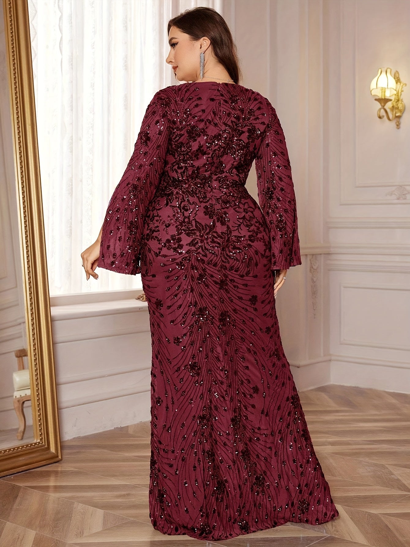 Sequin Slit Sleeve Long Evening Gown for Parties Plus Size Bodycon Mermaid Style