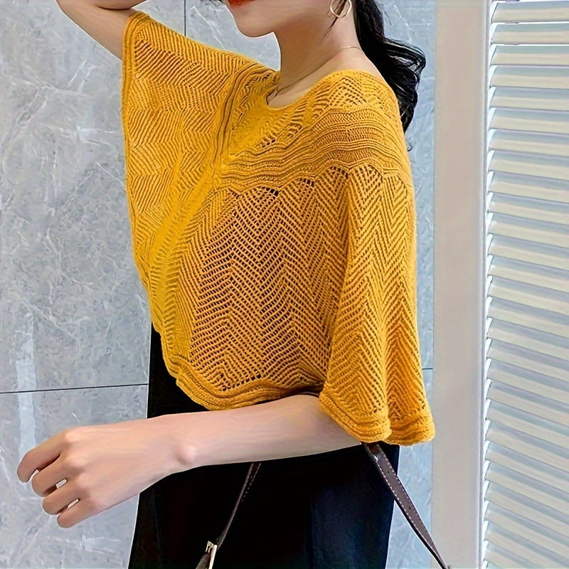 Women's Elegant Pullover Cape with Hollow Knitted Shawl, Loose Fit, Solid Color