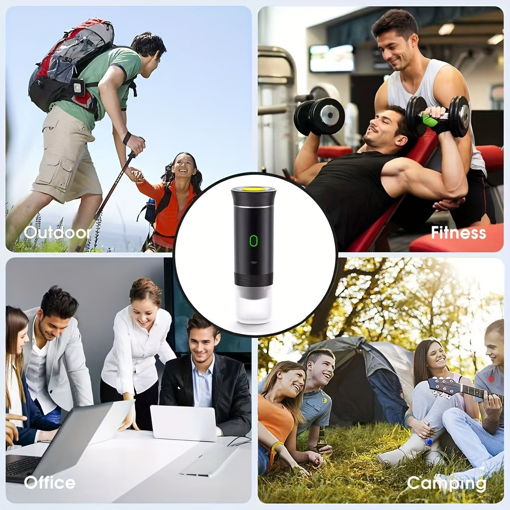 Sayohat, lagerda va avtomobilda foydalanish uchun ixcham elektr espresso mashinasi, Type-C bilan o'z-o'zidan isitiladi, RV, piyoda sayohat va ofisda foydalanish uchun yerda qahva va kapsulalar bilan mos keladi. Issiq va sovuq qahva tayyorlash mumkin.